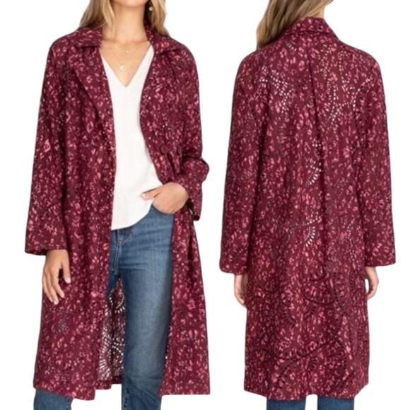 Johnny Was Zaragoza Linen Lace Double Breasted Trench Coat Red Size S - Picture 2 of 12
